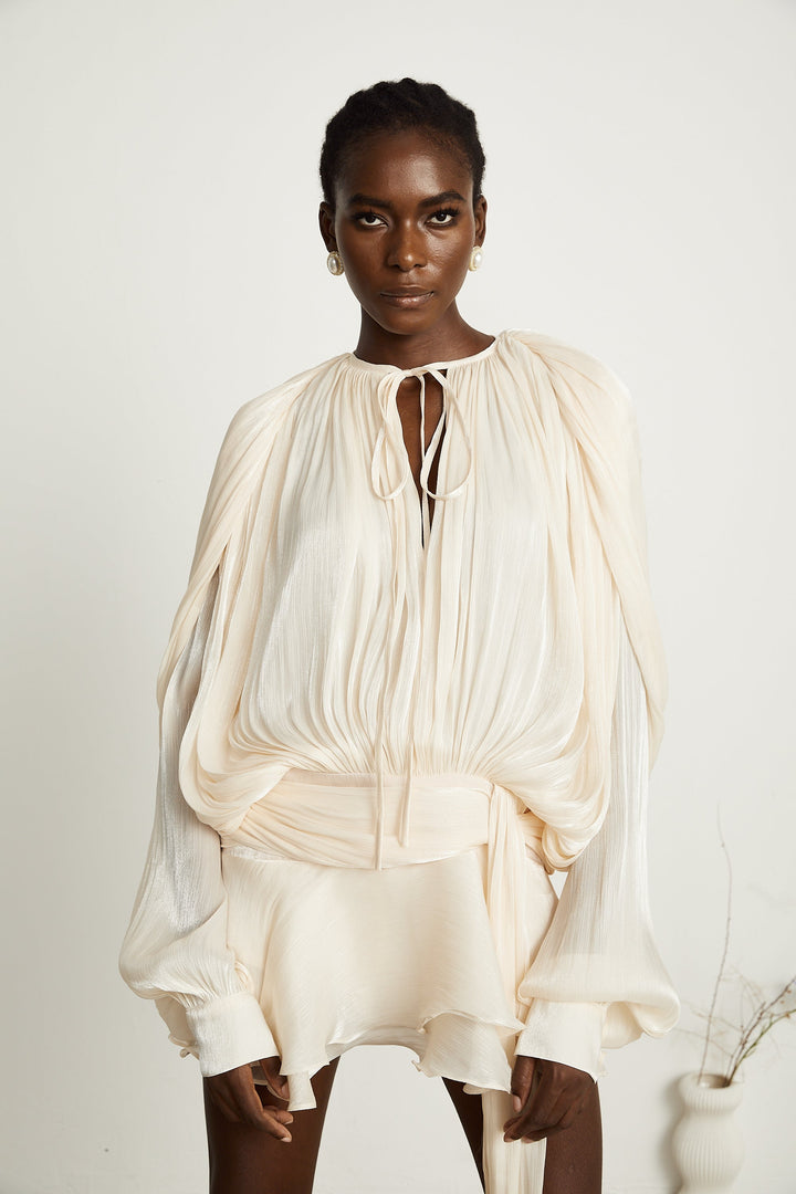 Eugénie Nötr Pilili Fırfırlı Mini Elbise