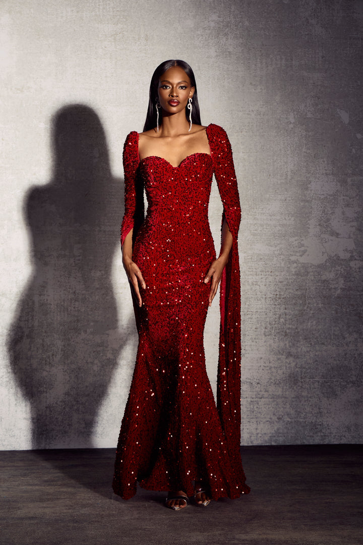 Enid Sweetheart Uzun Kollu Kadife Payetler Maxi Elbise