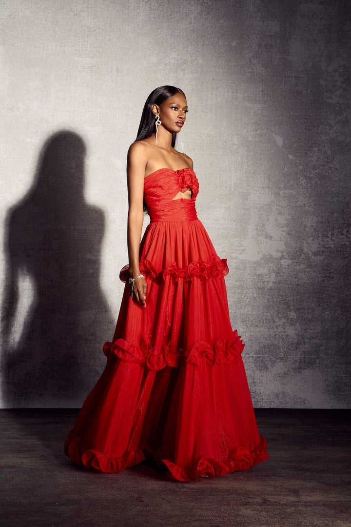 Erica Pileli Fırfırlı Metalik Şifon Maxi Elbise