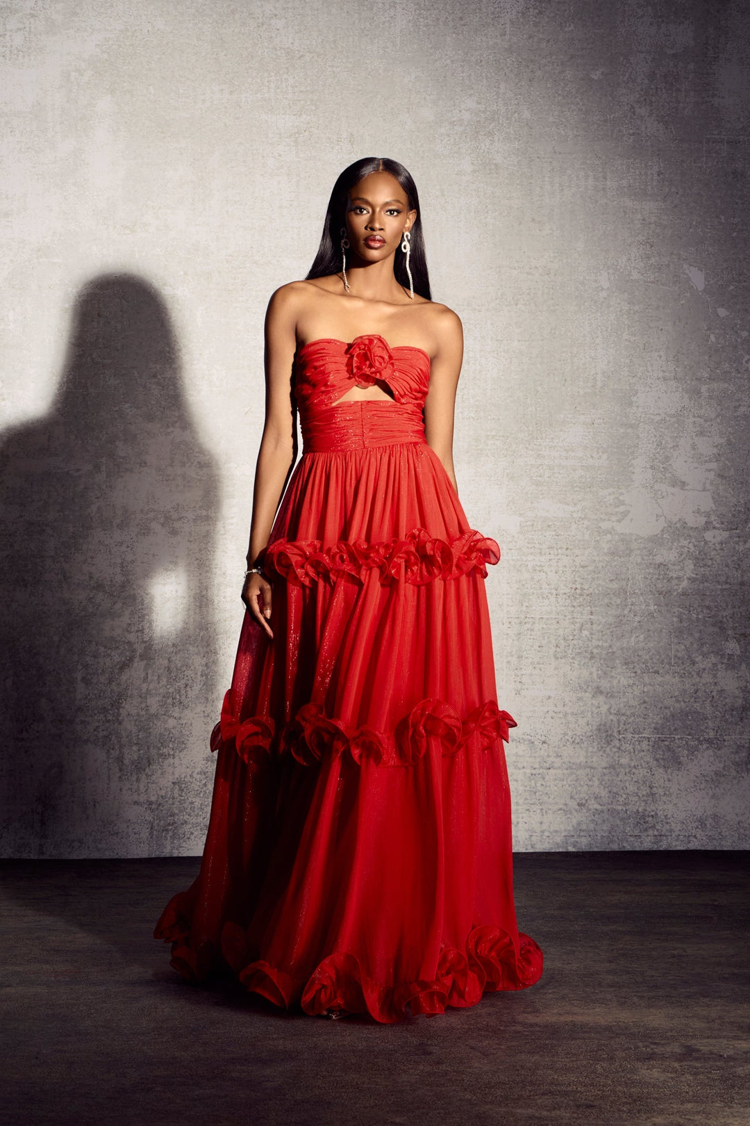 Erica Pileli Fırfırlı Metalik Şifon Maxi Elbise