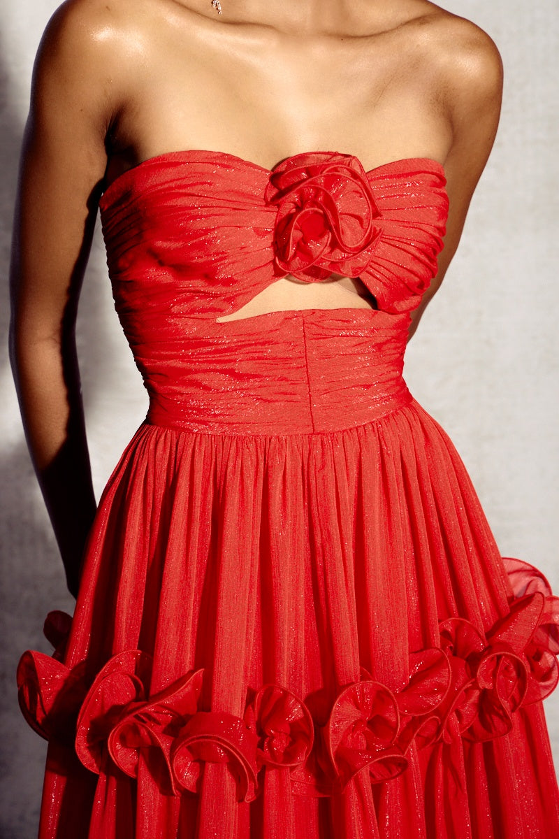 Erica Pileli Fırfırlı Metalik Şifon Maxi Elbise