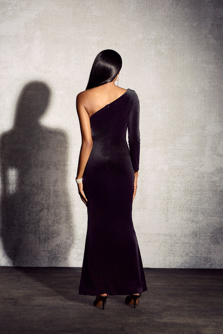 Amelia Çiçek Nakışlı Kesilmiş Kadife Maxi Elbise