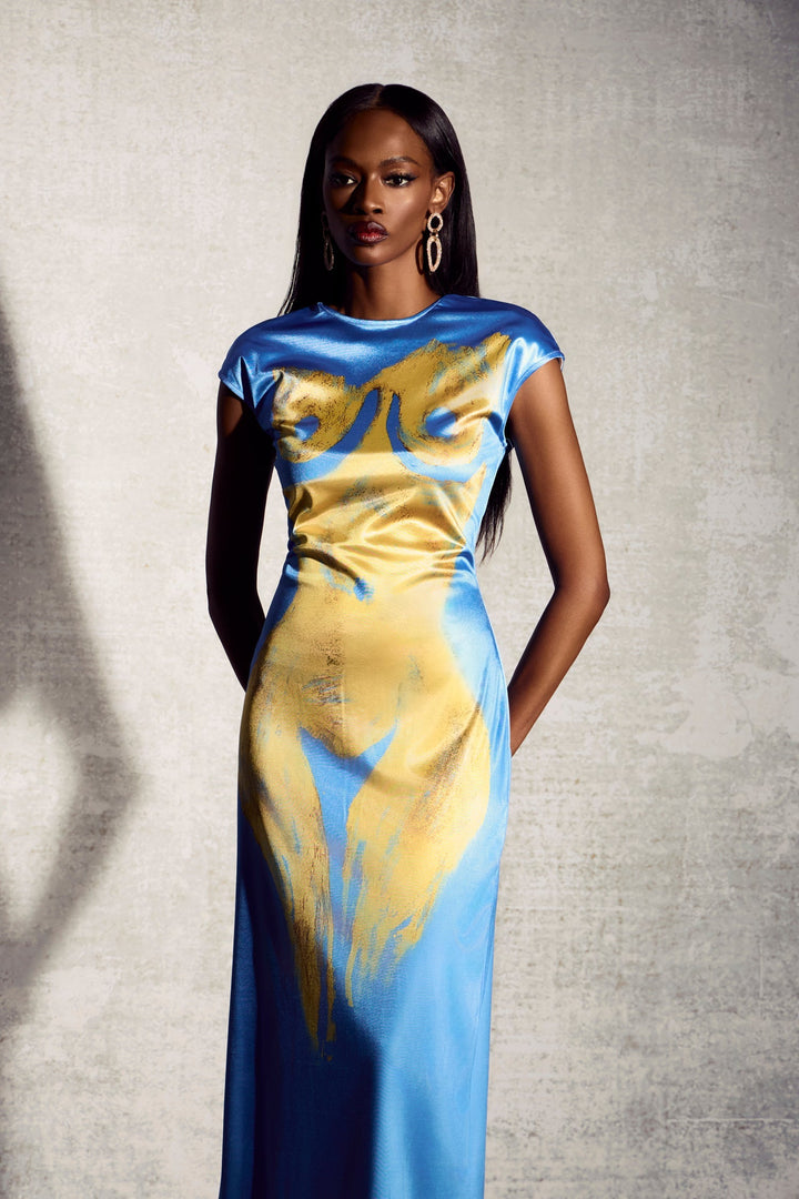 Abigail Baskılı Kısa Kollu Maxi Bölme Elbise