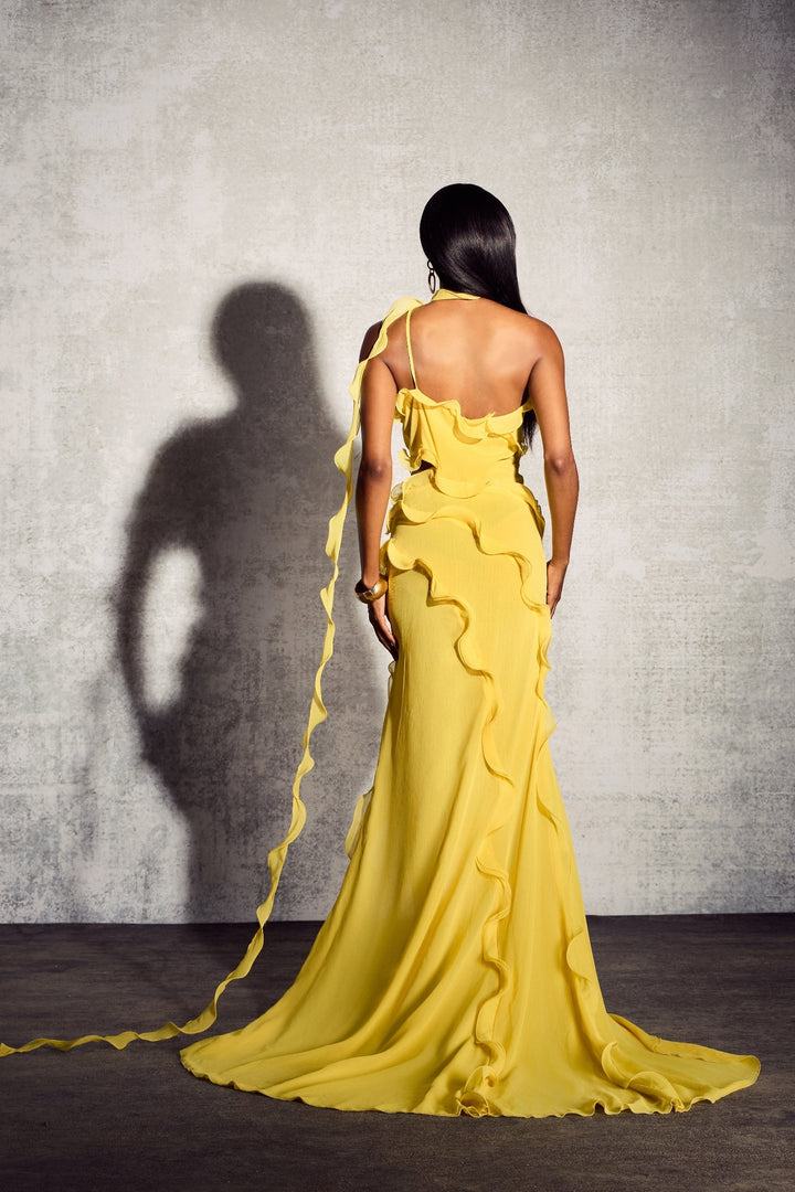 Gloria Tek Omuzlu Fırfırlı Uzun Şifon Elbise