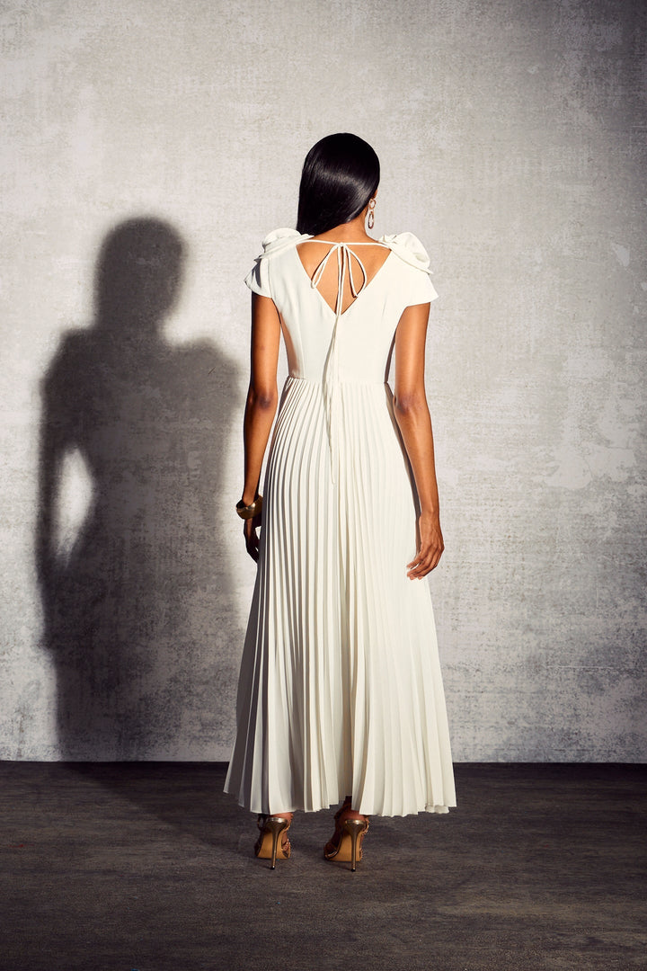 Grace V Yaka Çiçek Pileli Maxi Elbise