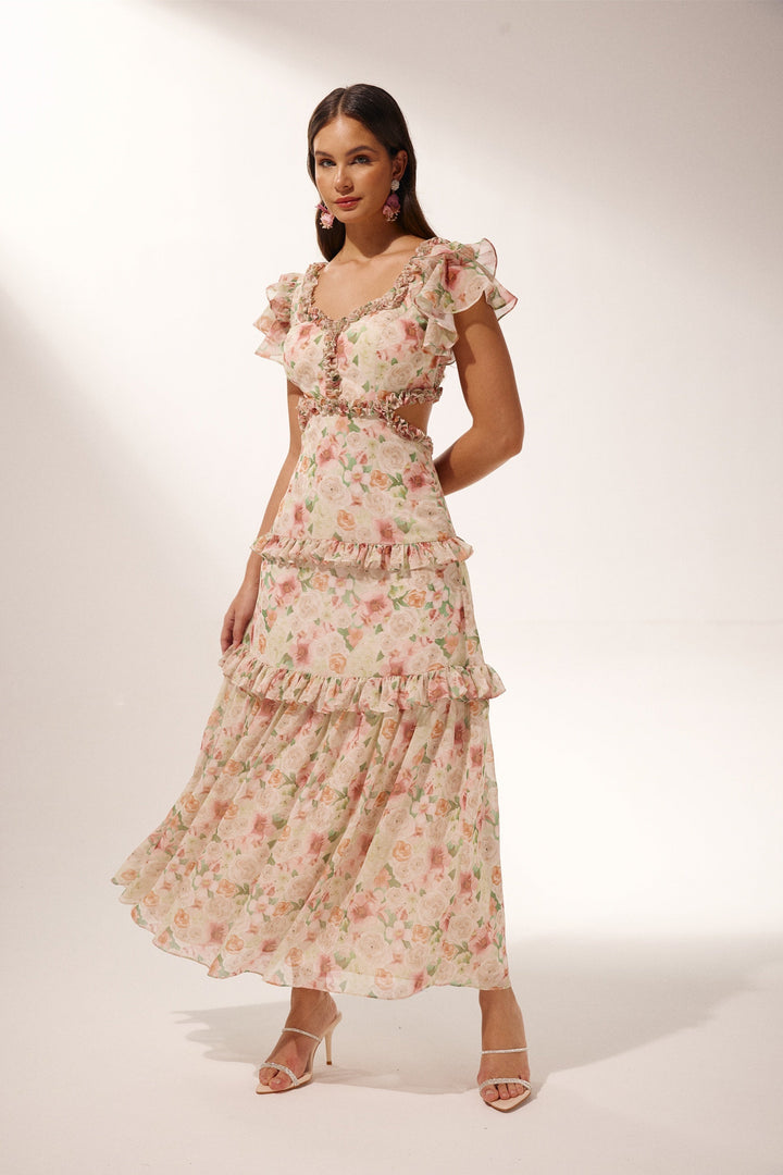 Agatha Baskılı Fırfırlı Cut-Out Midi Elbise