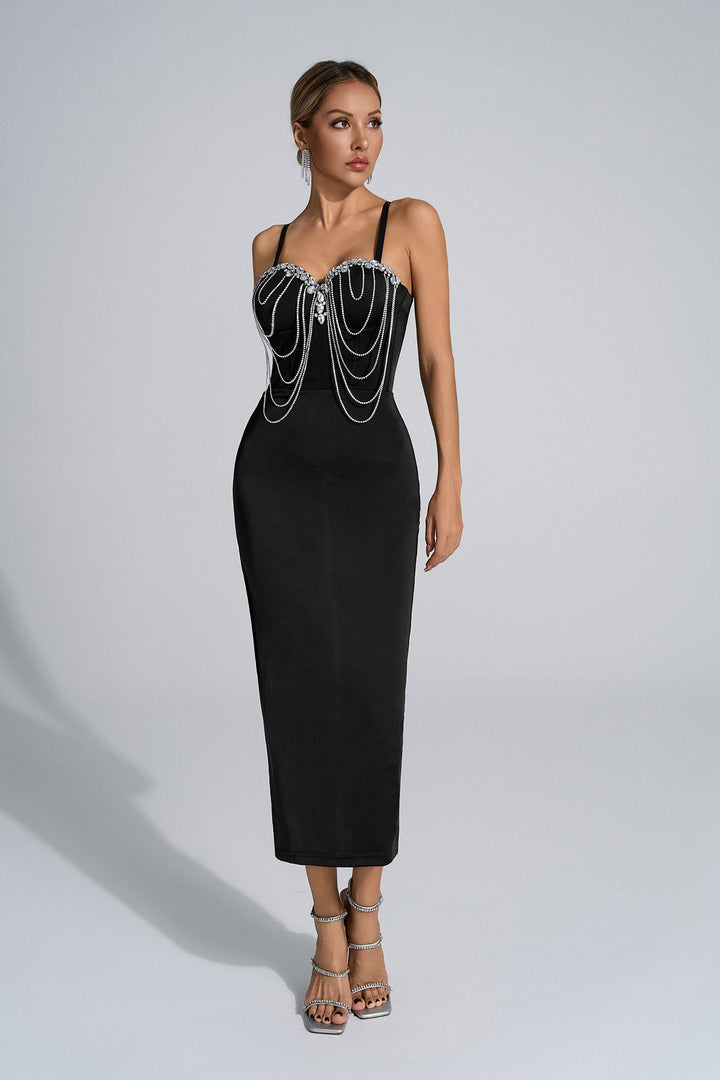 Madelynn Siyah Boyundan Bağlamalı Maxi Elbise