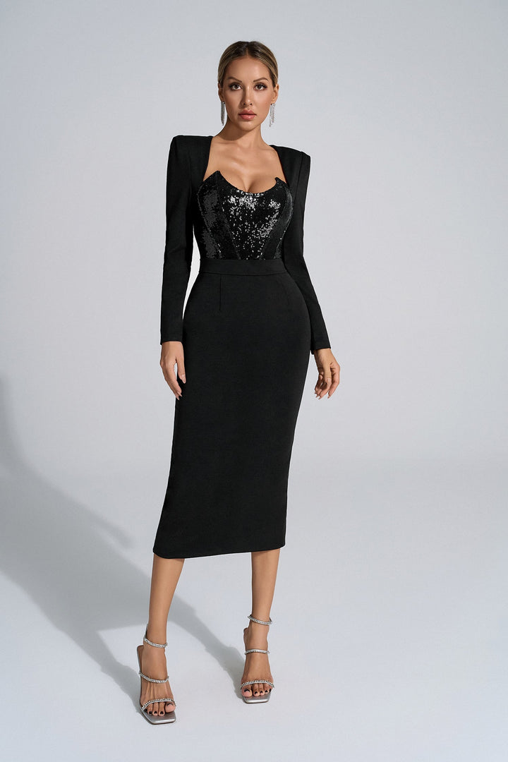 Aylin Siyah Payet Midi Elbise