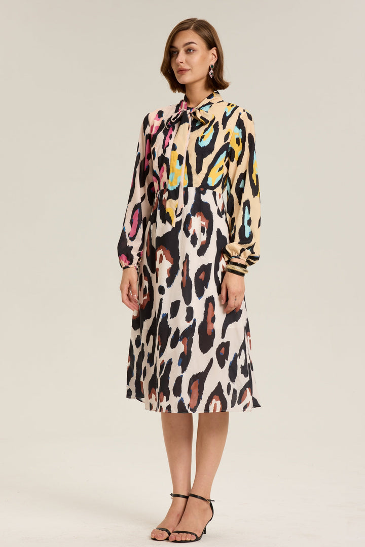 Monica Leopar Desenli Blok Renk Midi Elbise