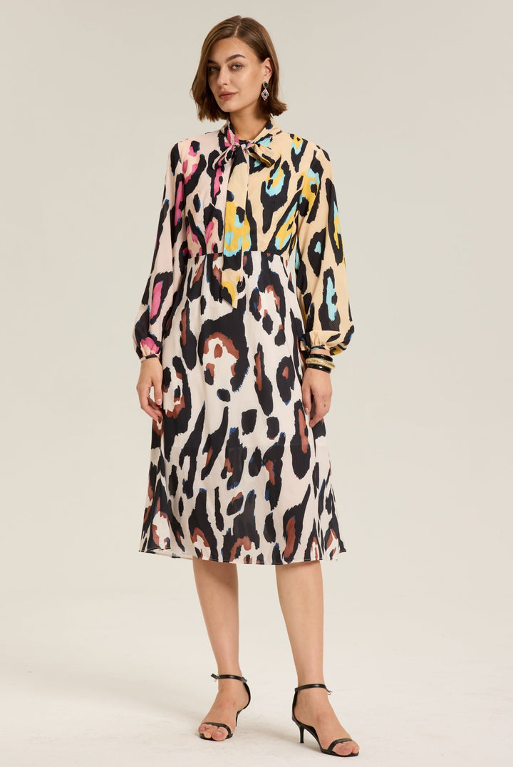 Monica Leopar Desenli Blok Renk Midi Elbise