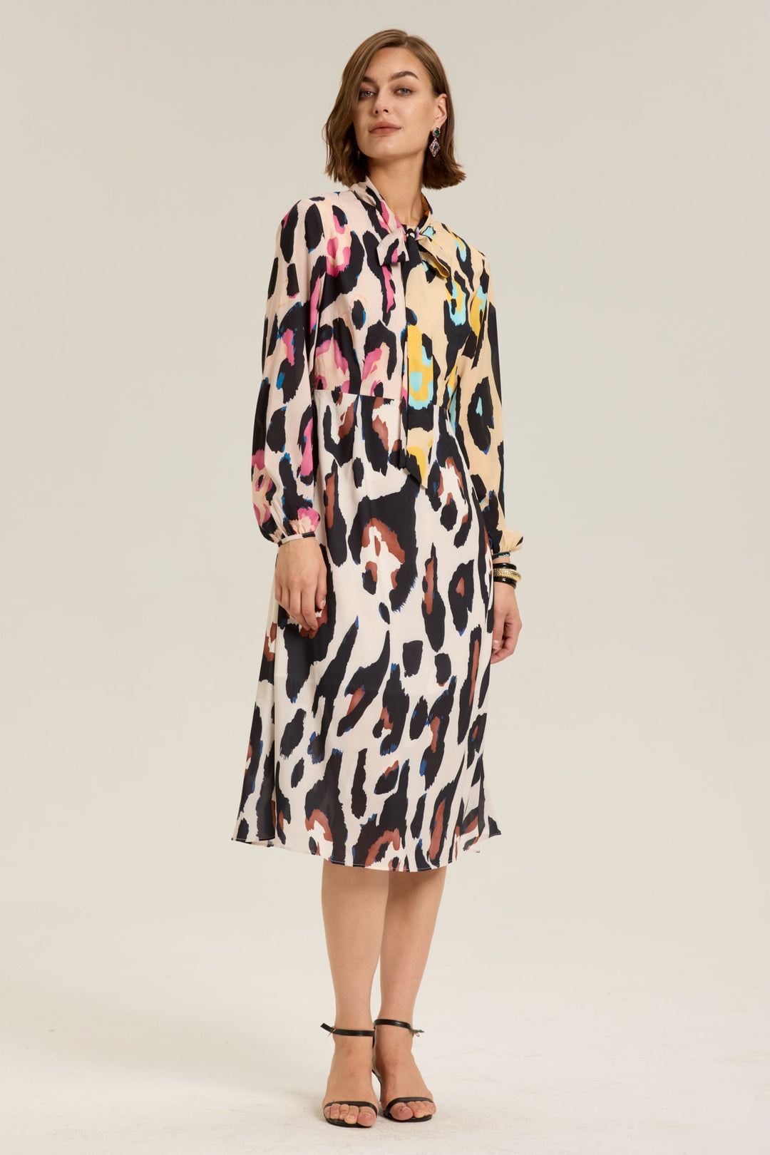 Monica Leopar Desenli Blok Renk Midi Elbise