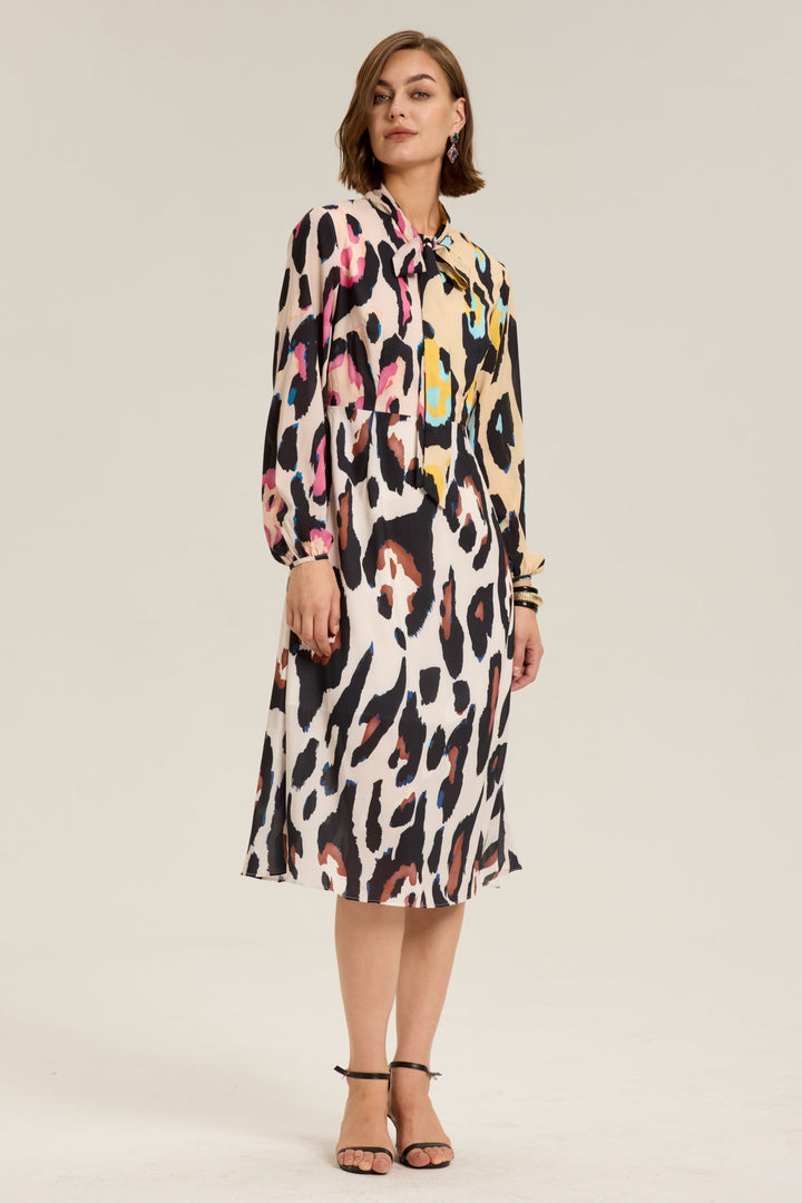 Monica Leopar Desenli Blok Renk Midi Elbise