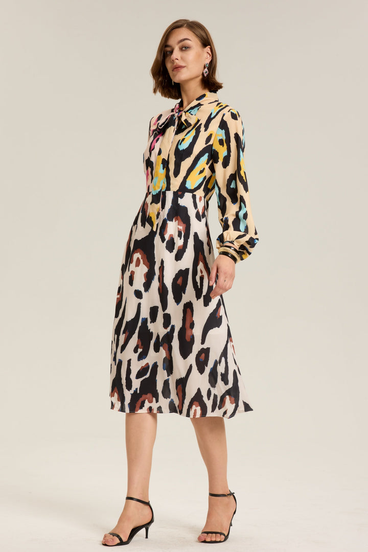 Monica Leopar Desenli Blok Renk Midi Elbise