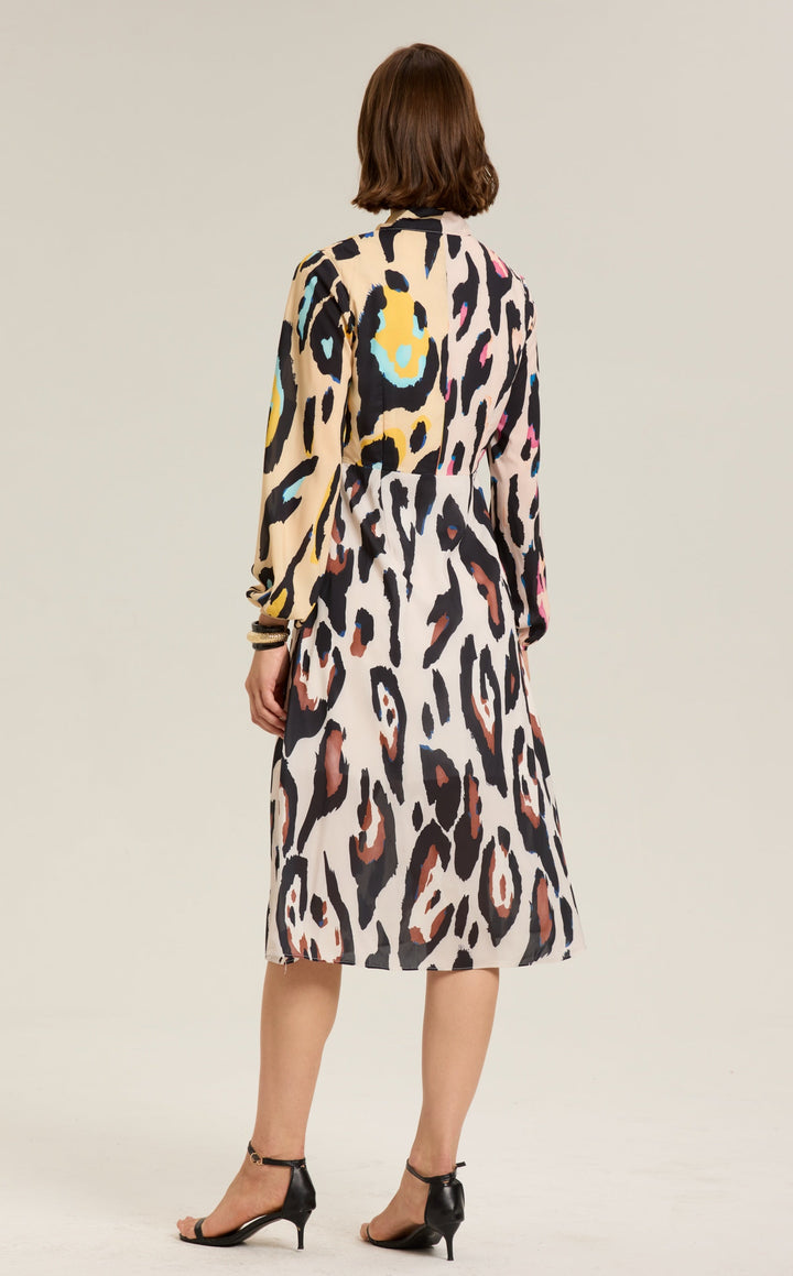 Monica Leopar Desenli Blok Renk Midi Elbise
