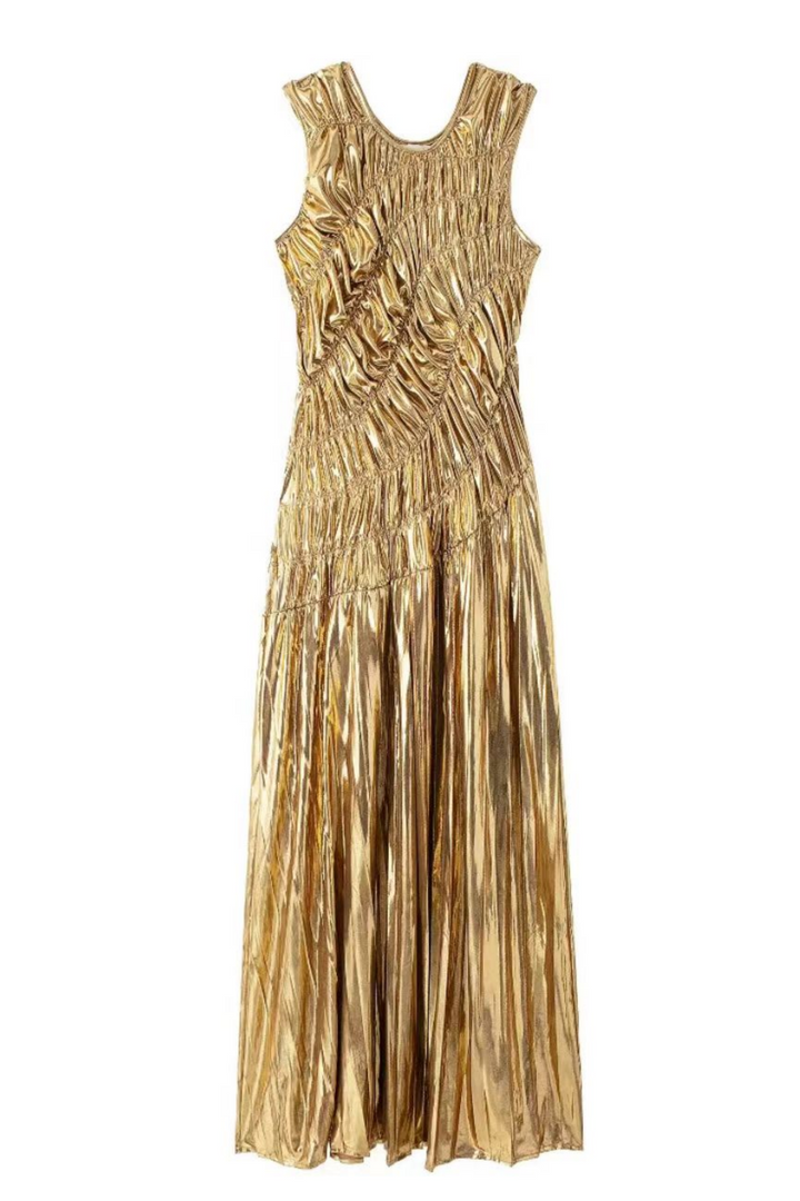 Camila Metalik Piliseli Midi Elbise