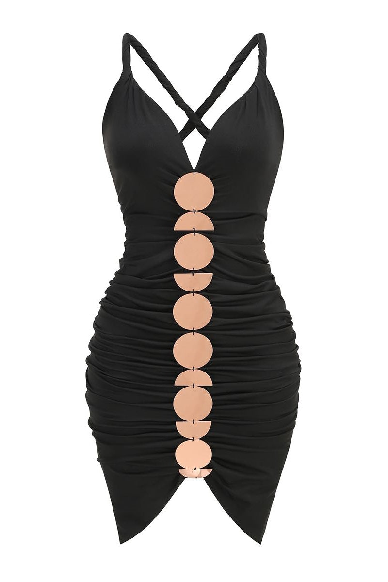 Quintina Geometrik Metal V Yaka Midi Elbise