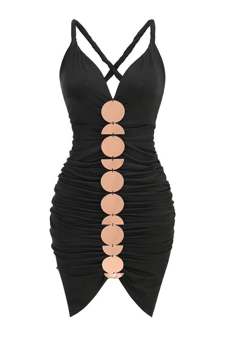 Quintina Geometrik Metal V Yaka Midi Elbise