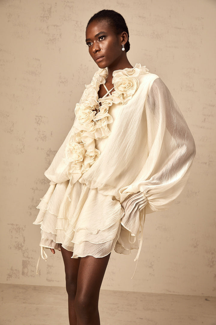 Zéphyrine Çiçek Aplikeli Katlı Mini Elbise