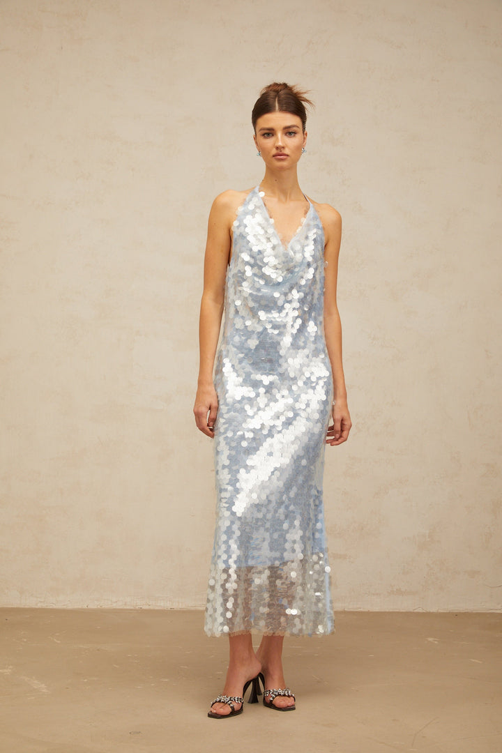 Babette Mavi Halter Yaka Payetli Midi Elbise