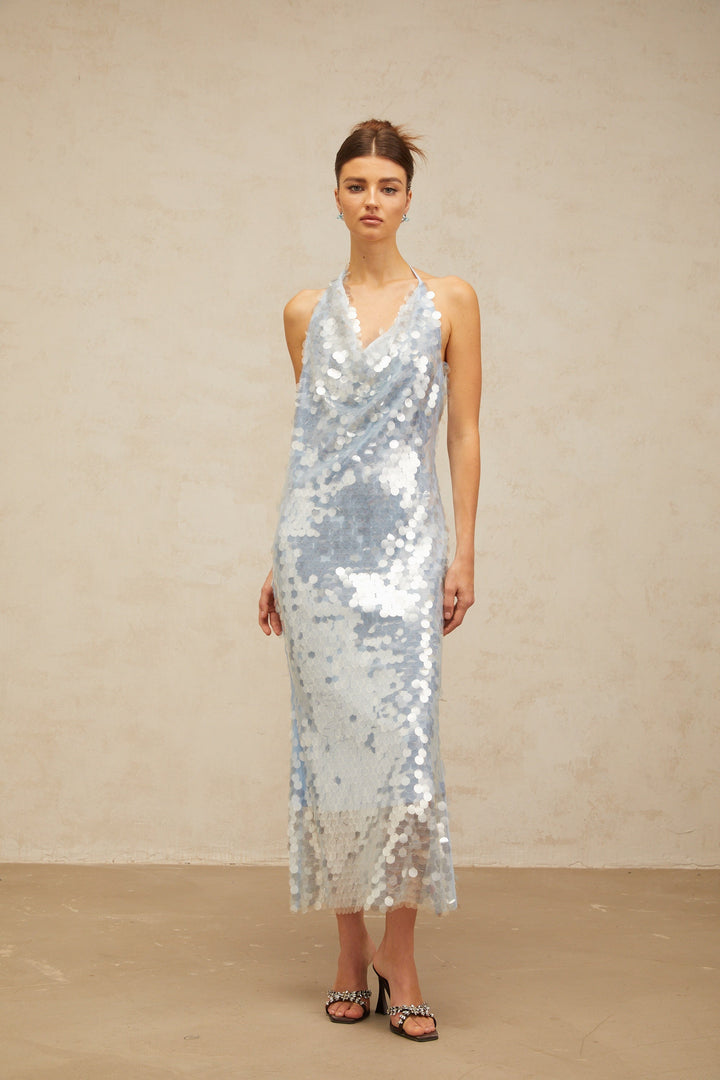 Babette Mavi Halter Yaka Payetli Midi Elbise