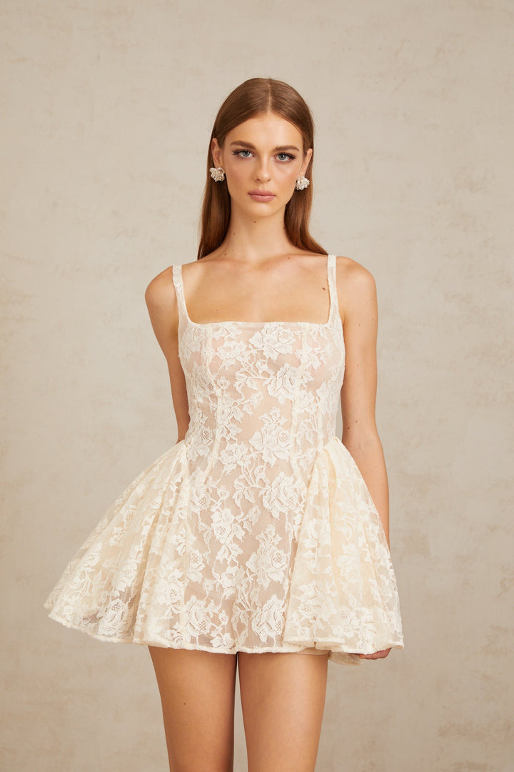 Euphemia Krem Beyaz Çiçekli Dantel Mini Elbise