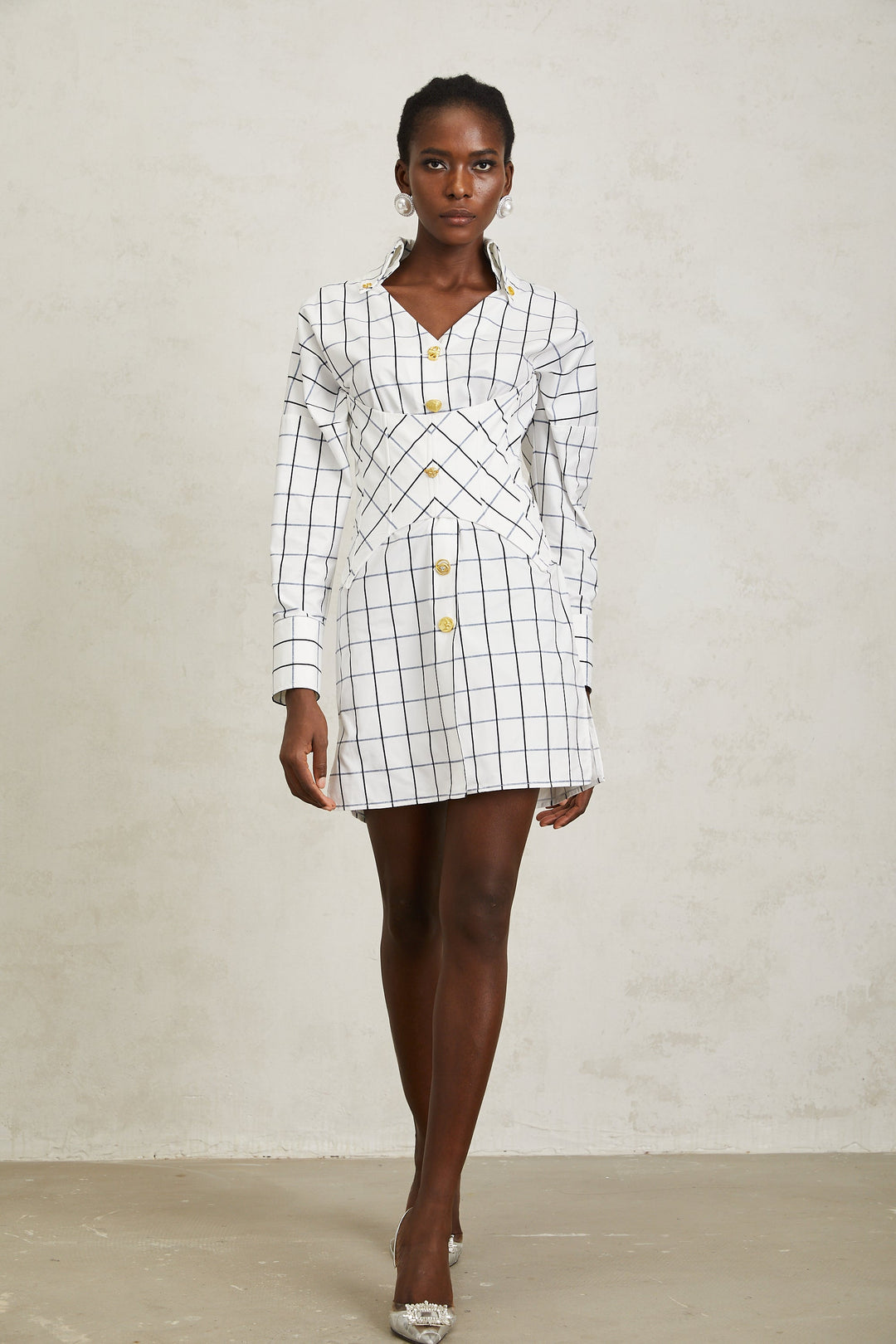 Quintina Beyaz Kareli Mini Gömlek Elbise