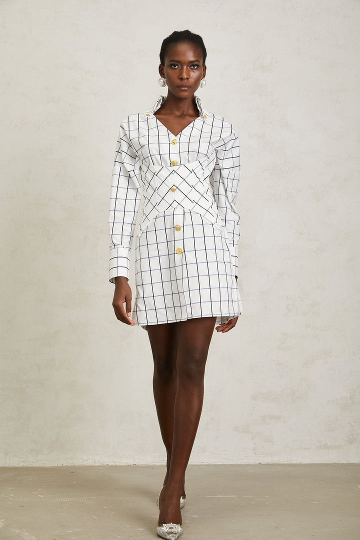 Quintina Beyaz Kareli Mini Gömlek Elbise