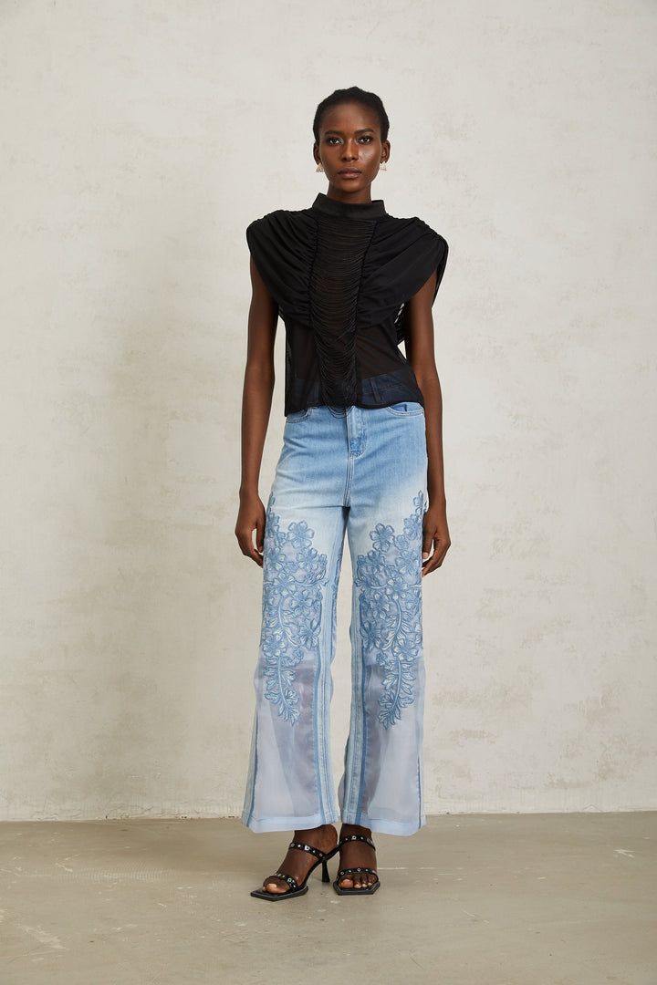 Zazie Siyah Fırfırlı Büzgülü Tül Üst