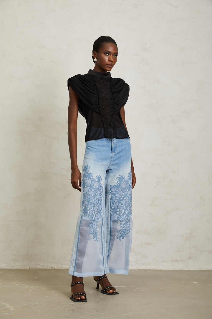 Zazie Siyah Fırfırlı Büzgülü Tül Üst