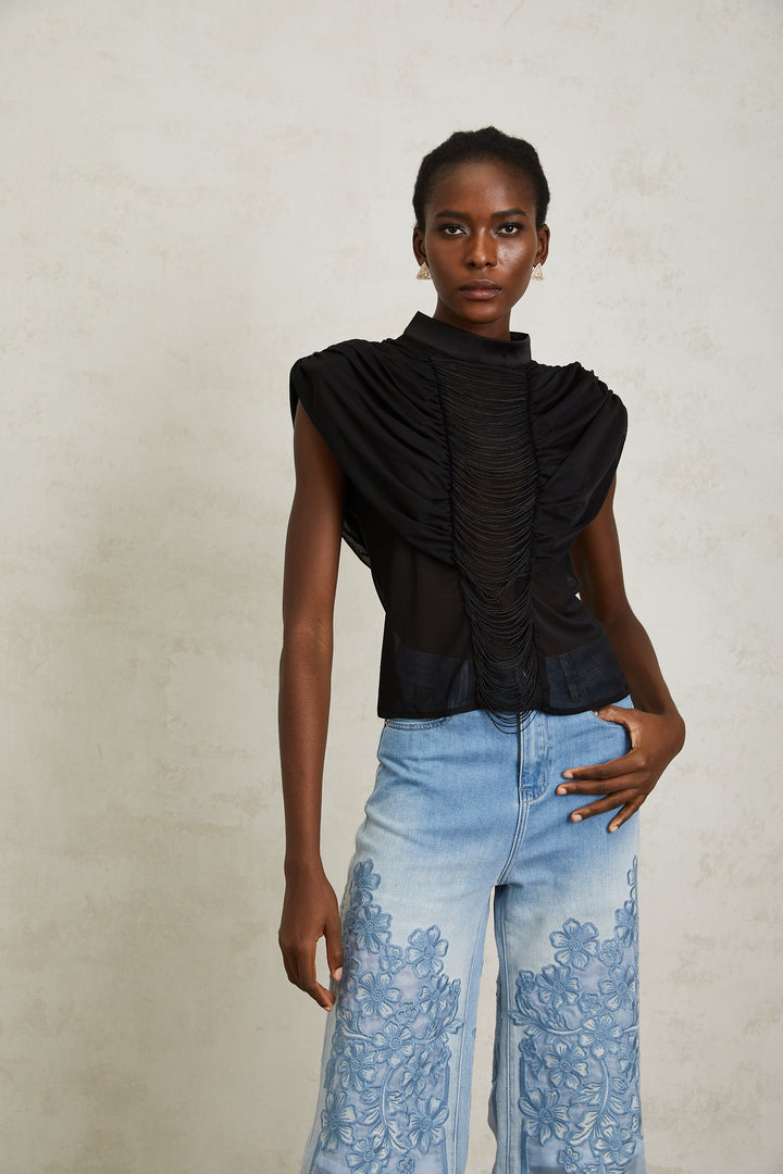 Zazie Siyah Fırfırlı Büzgülü Tül Üst