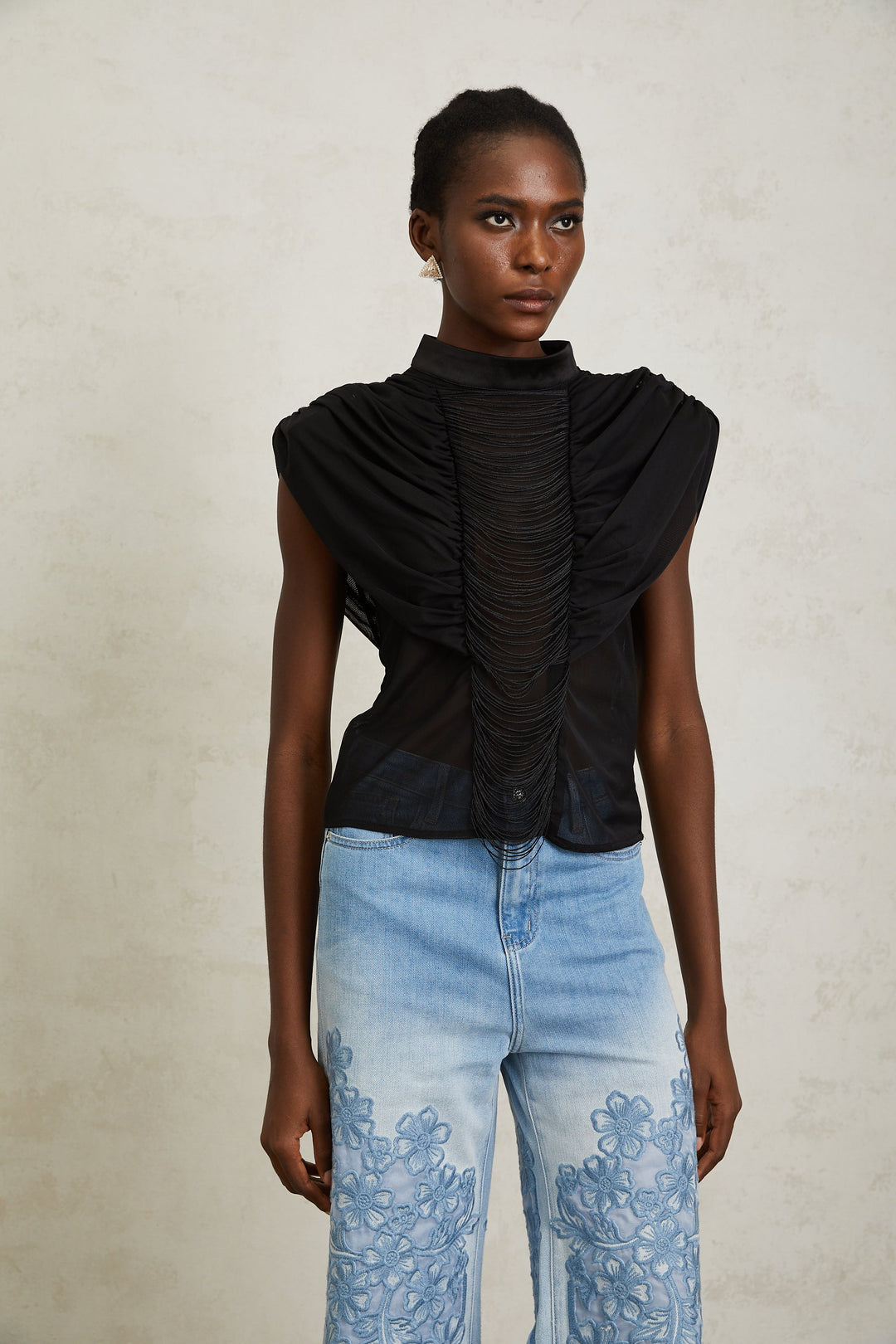 Zazie Siyah Fırfırlı Büzgülü Tül Üst