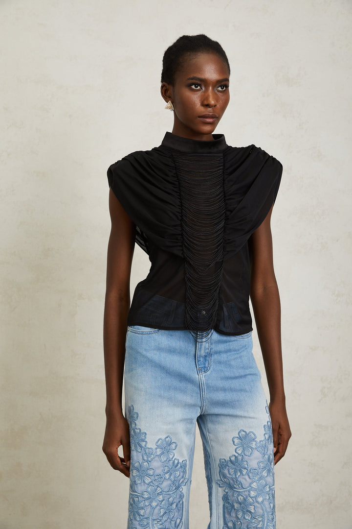 Zazie Siyah Fırfırlı Büzgülü Tül Üst