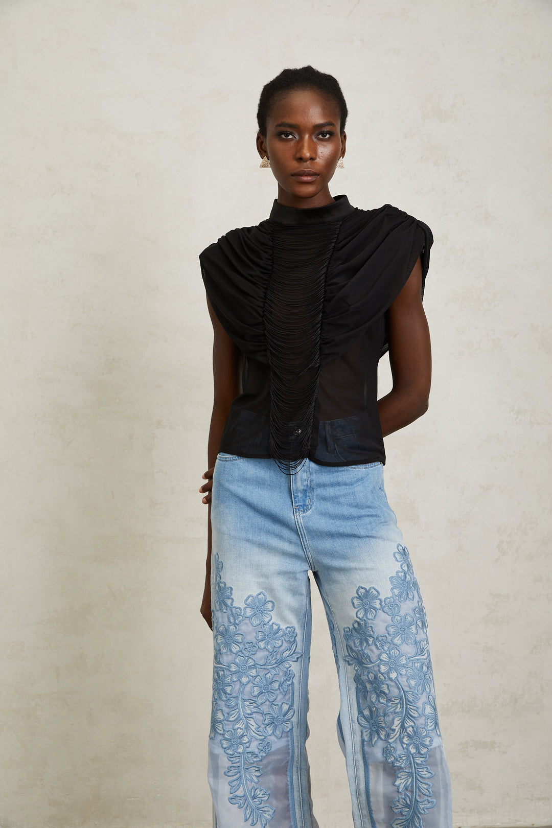 Zazie Siyah Fırfırlı Büzgülü Tül Üst