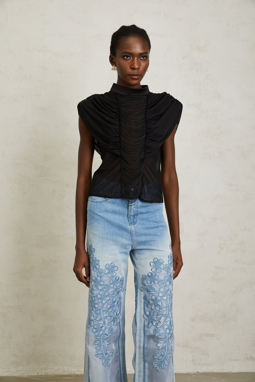 Zazie Siyah Fırfırlı Büzgülü Tül Üst