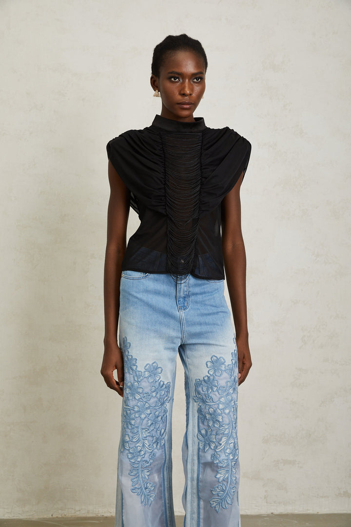 Zazie Siyah Fırfırlı Büzgülü Tül Üst