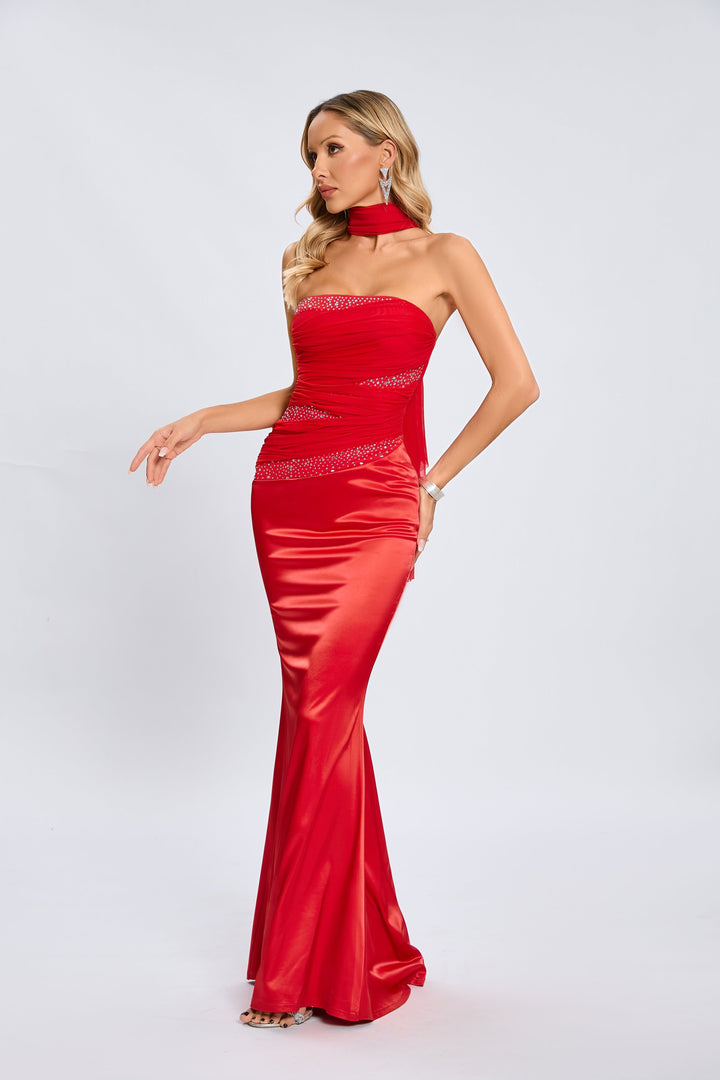 Jade Scarlet Radiance Straplez Maxi Elbise