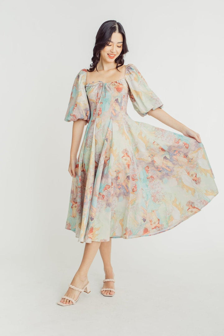 Joyce Baskılı Fener Kollu Midi Elbise