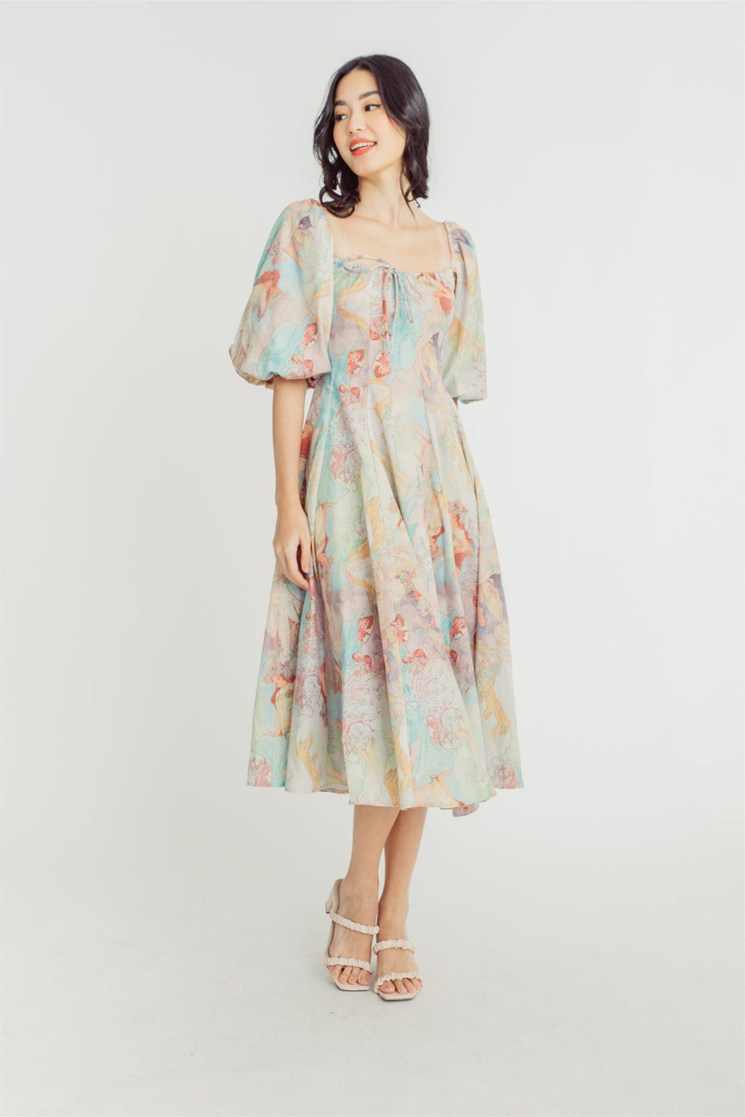 Joyce Baskılı Fener Kollu Midi Elbise