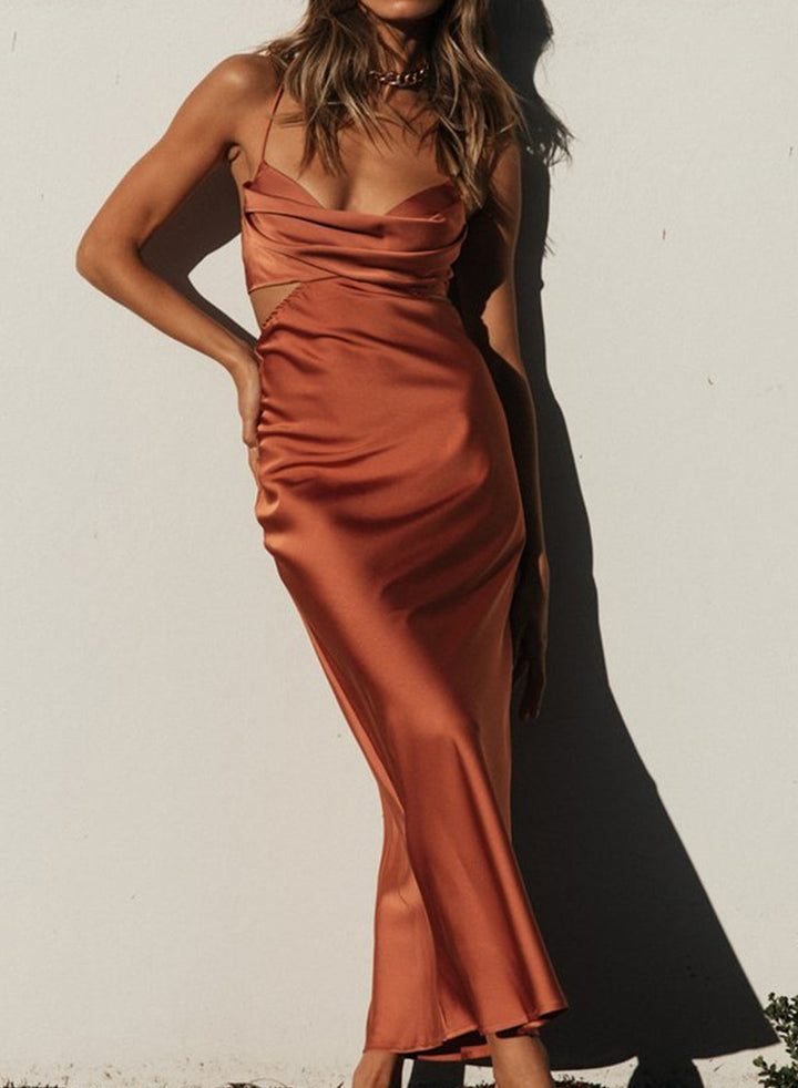 Saten Sırtı Açık Slip Midi Elbise