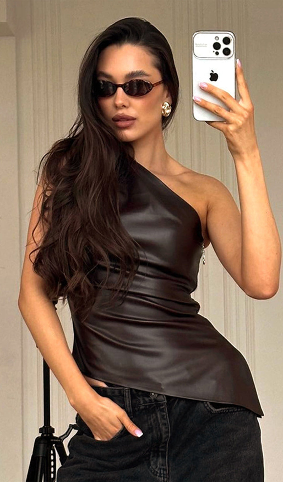 Sliess Düz Deri Asimetrik Üst-Kahverengi