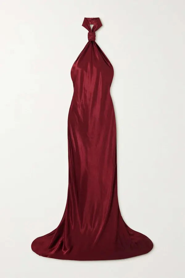 Agnes Boyundan Bağlamalı Sırtı Açık Uzun Saten Elbise