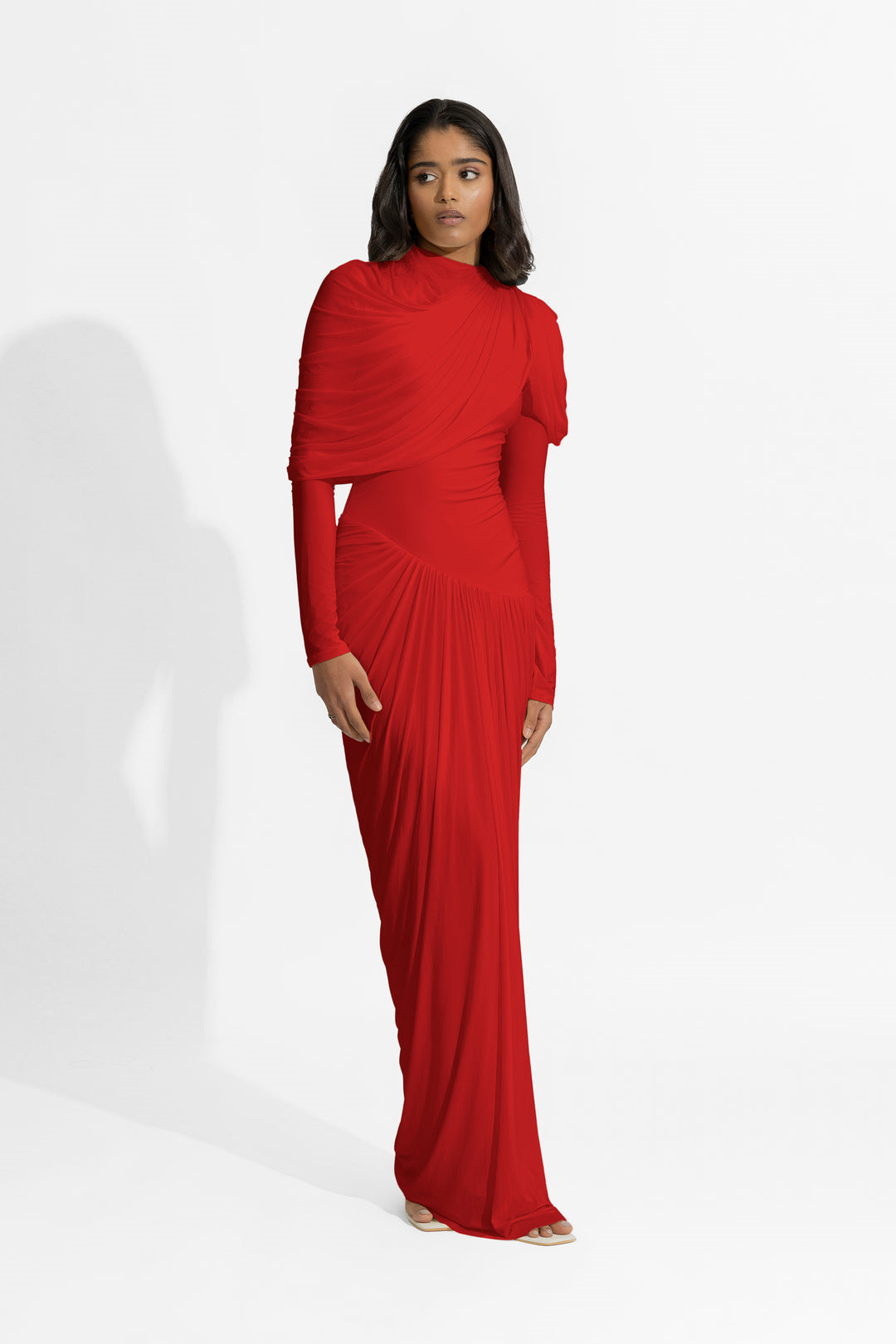 Myra Asimetrik Büzgülü Uzun Elbise