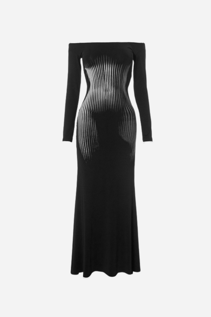 Omuzları Açık Baskılı Body Maxi Elbise