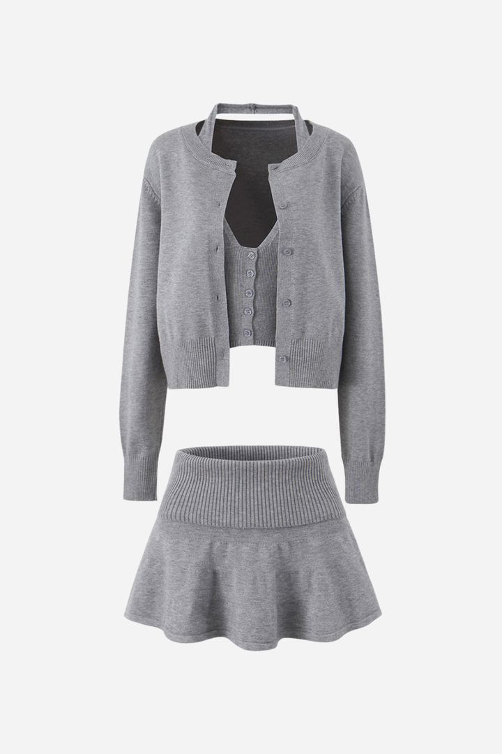 Boyundan Bağlamalı Yelek Üçlü Örgü Takım