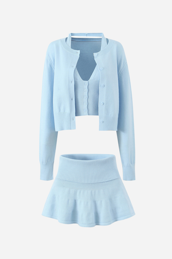 Boyundan Bağlamalı Yelek Üçlü Örgü Takım