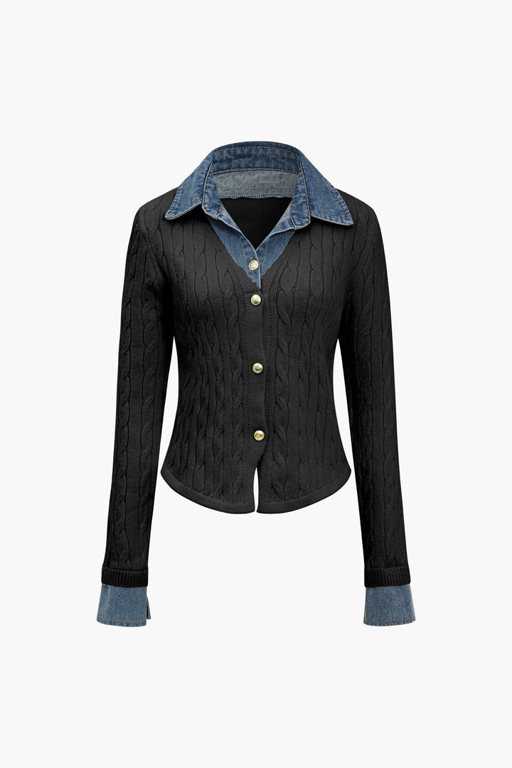 Örgü Denim Gömlek Yaka Uzun Kollu Üst