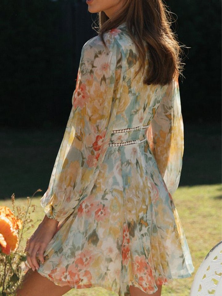 Çiçekli Karpuz Kol Mini Elbise
