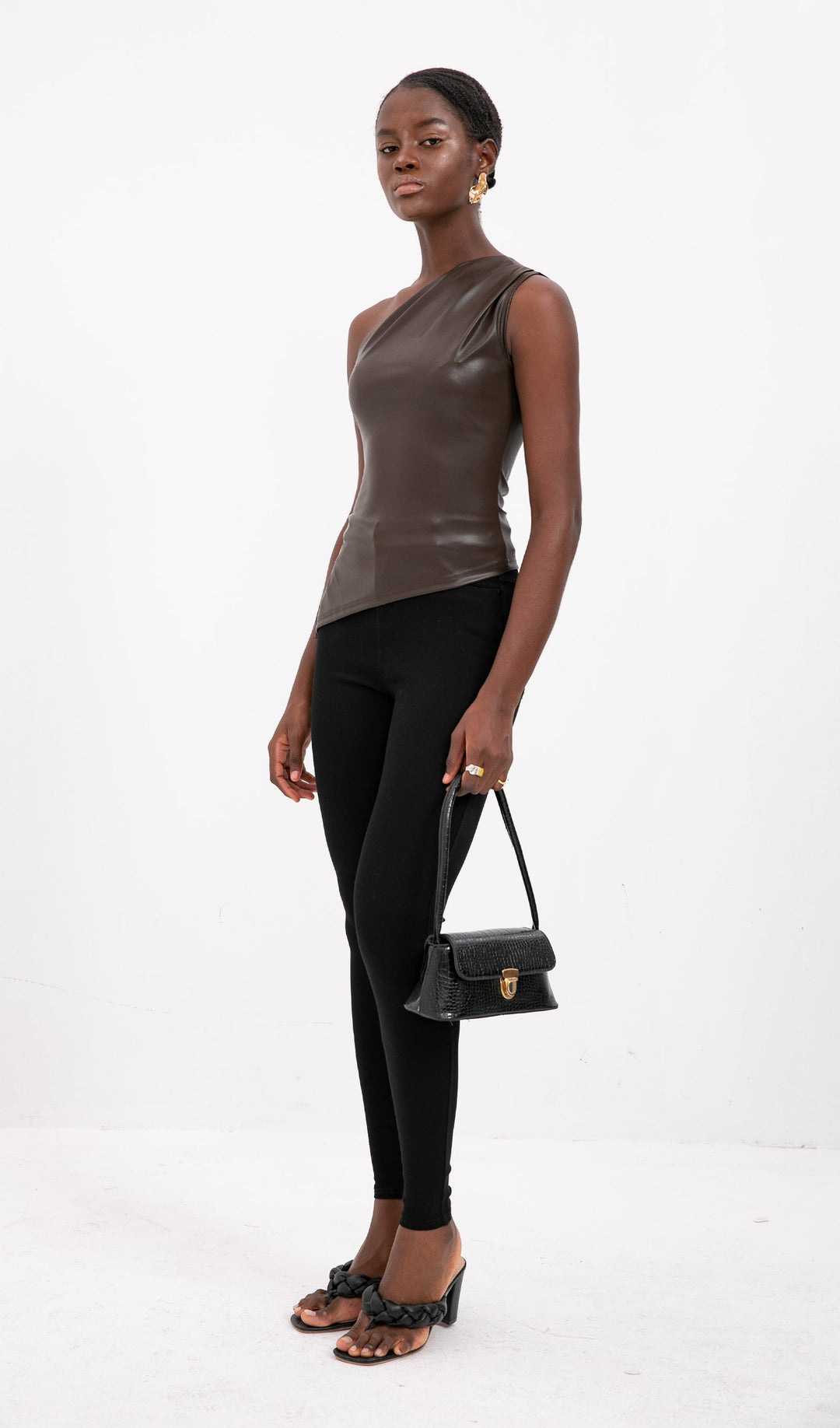 Sliess Düz Deri Asimetrik Üst-Bronz Kahve