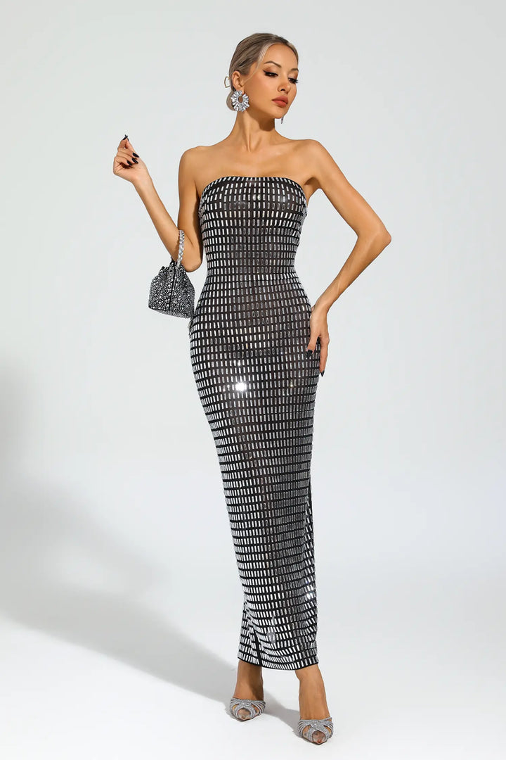 Boris Siyah Pırlanta Düşük Omuz Maxi Elbise