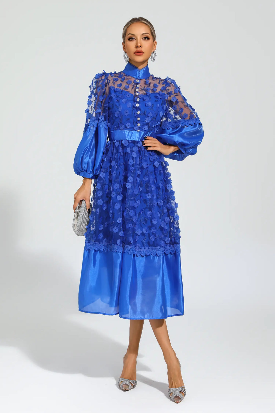 Lillie Mavi Örgü Çiçek Midi Elbise